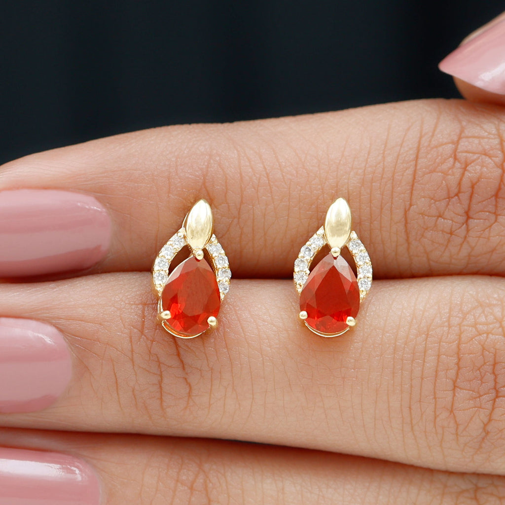 Pear Cut Fire Opal Bridal Stud Earrings with Diamonds