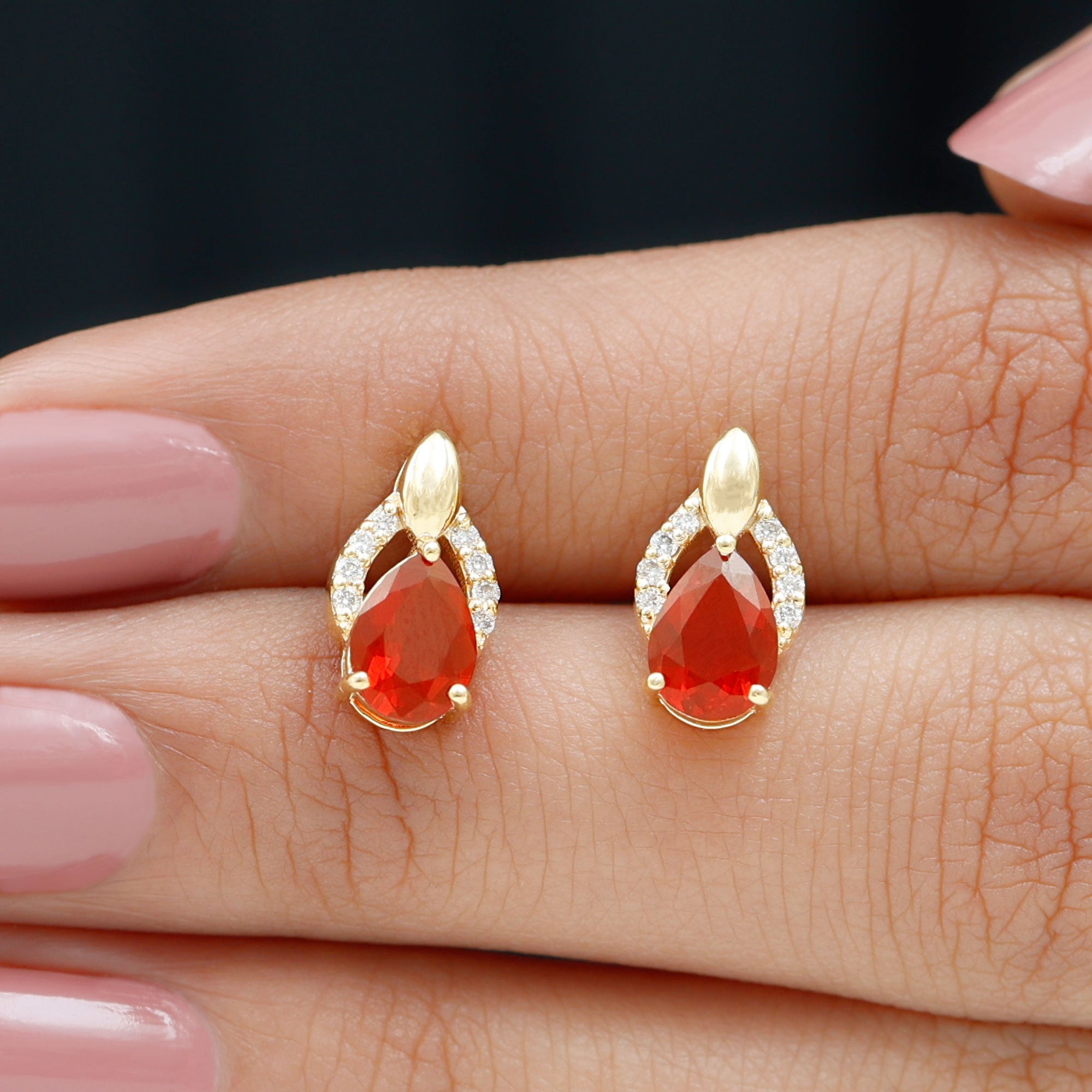 Pear Cut Fire Opal Bridal Stud Earrings with Diamonds