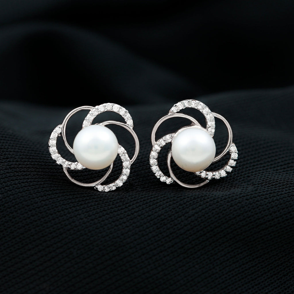 Round Freshwater Pearl Big Stud Earrings with Diamonds