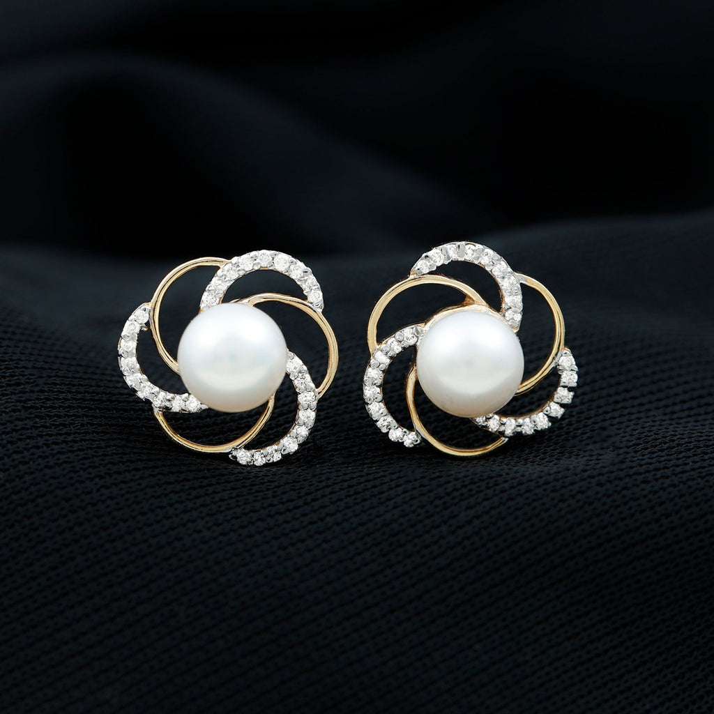 Round Freshwater Pearl Big Stud Earrings with Diamonds