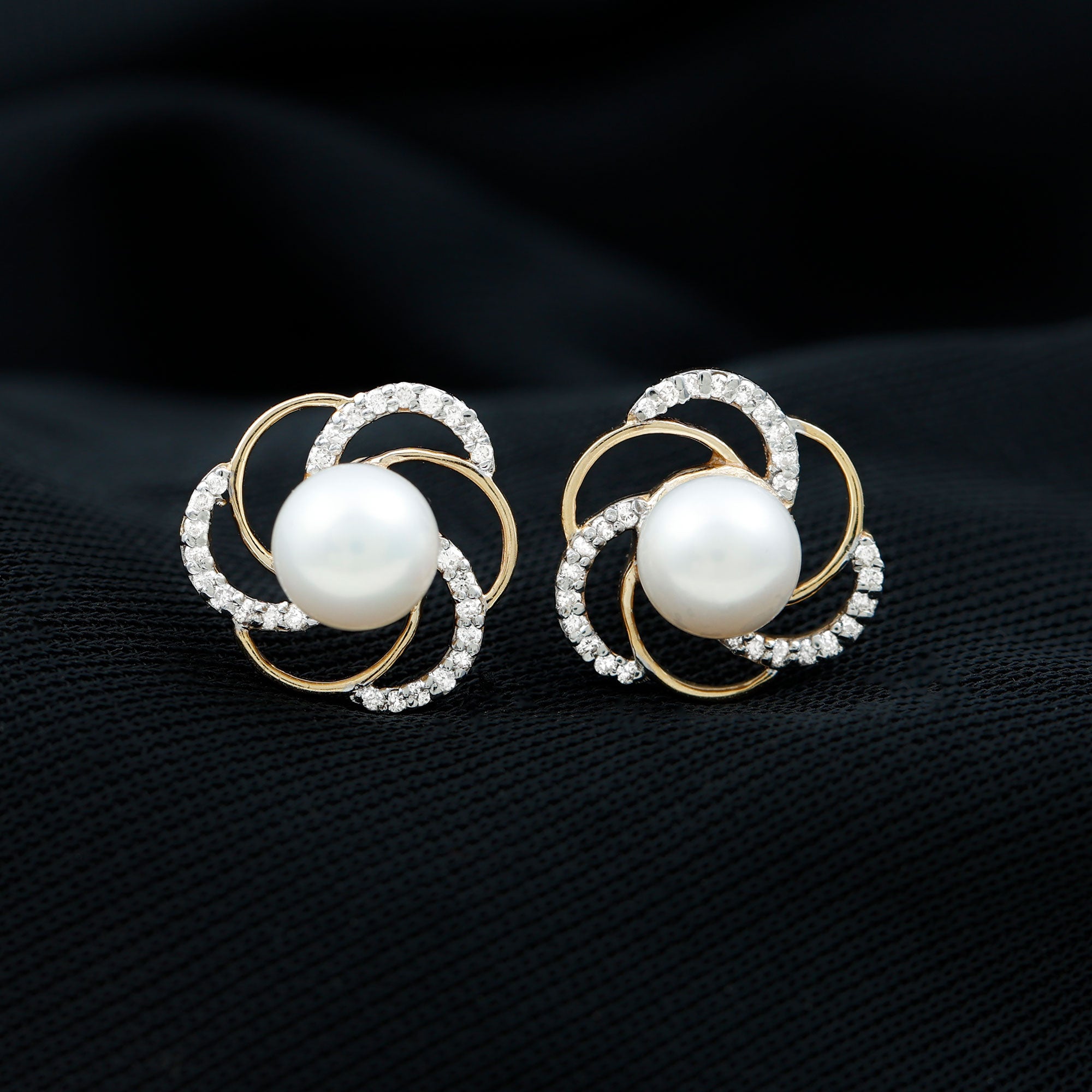 Round Freshwater Pearl Big Stud Earrings with Diamonds