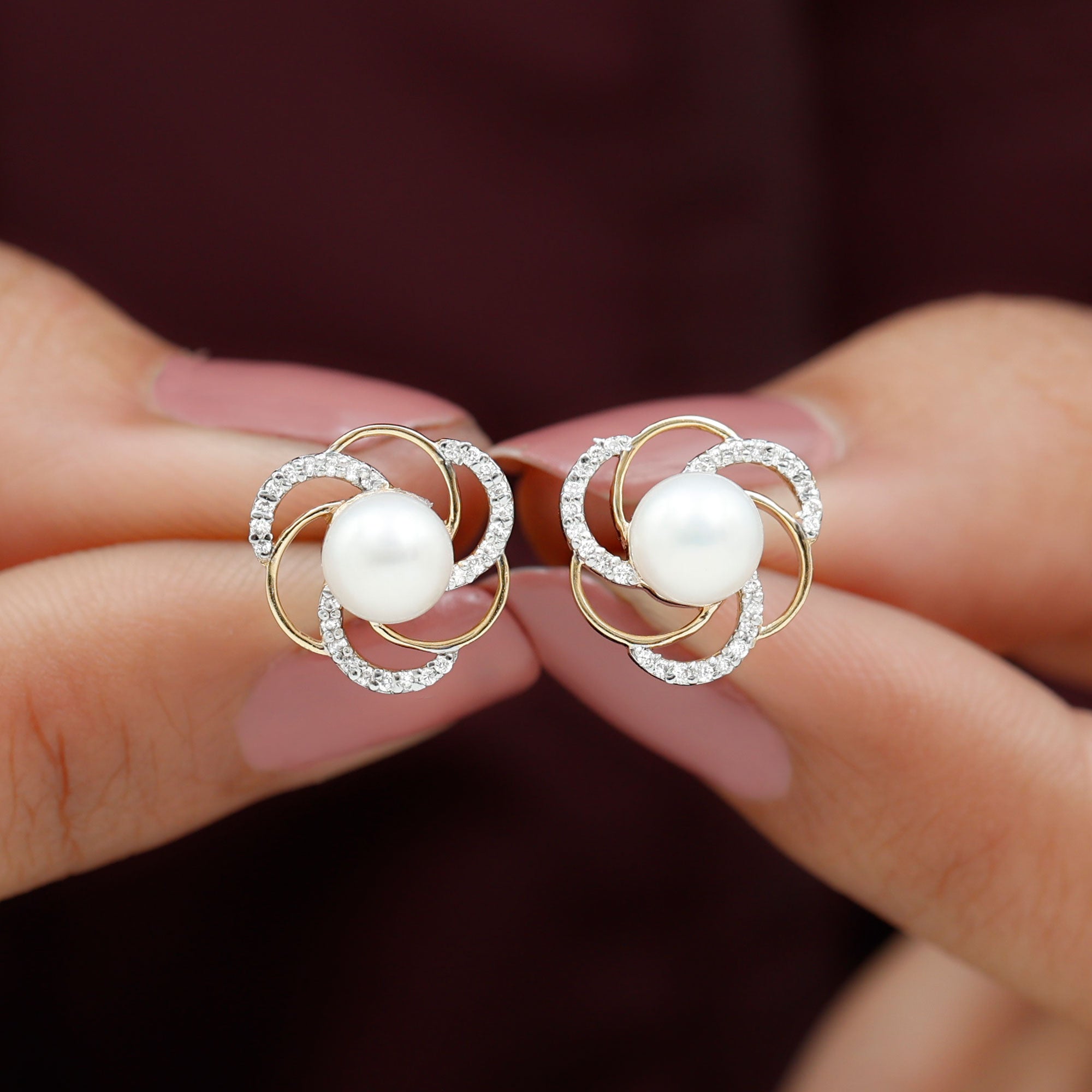 Round Freshwater Pearl Big Stud Earrings with Diamonds