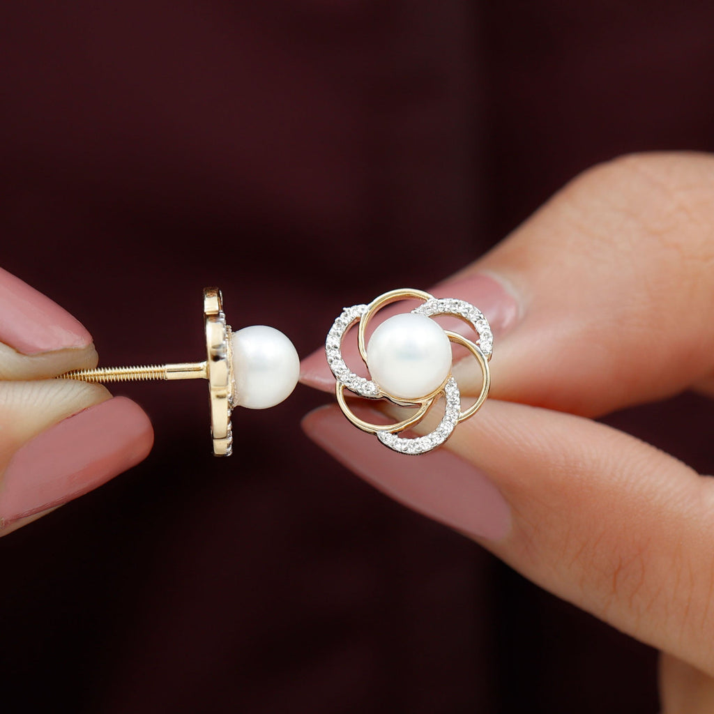 Round Freshwater Pearl Big Stud Earrings with Diamonds