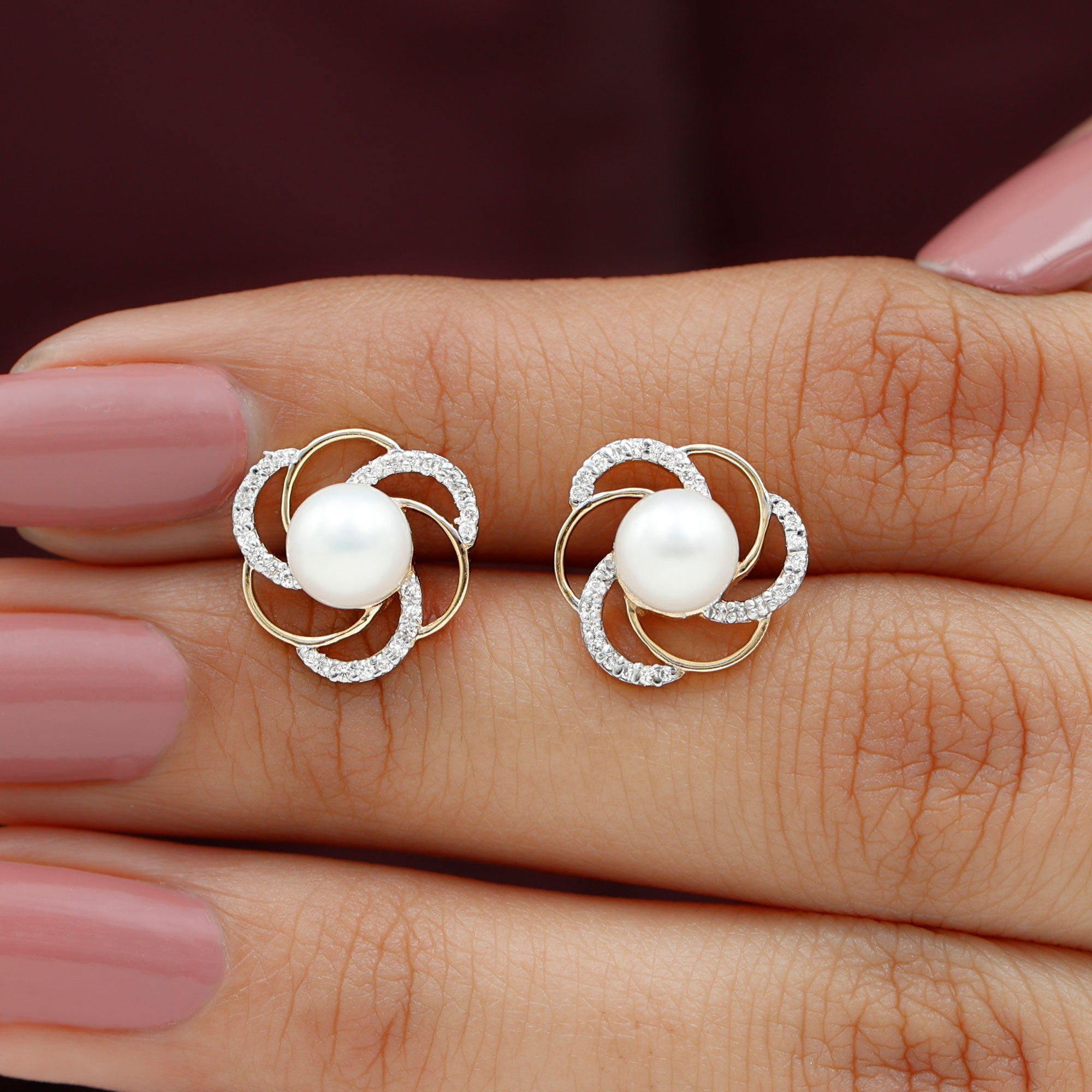 Round Freshwater Pearl Big Stud Earrings with Diamonds