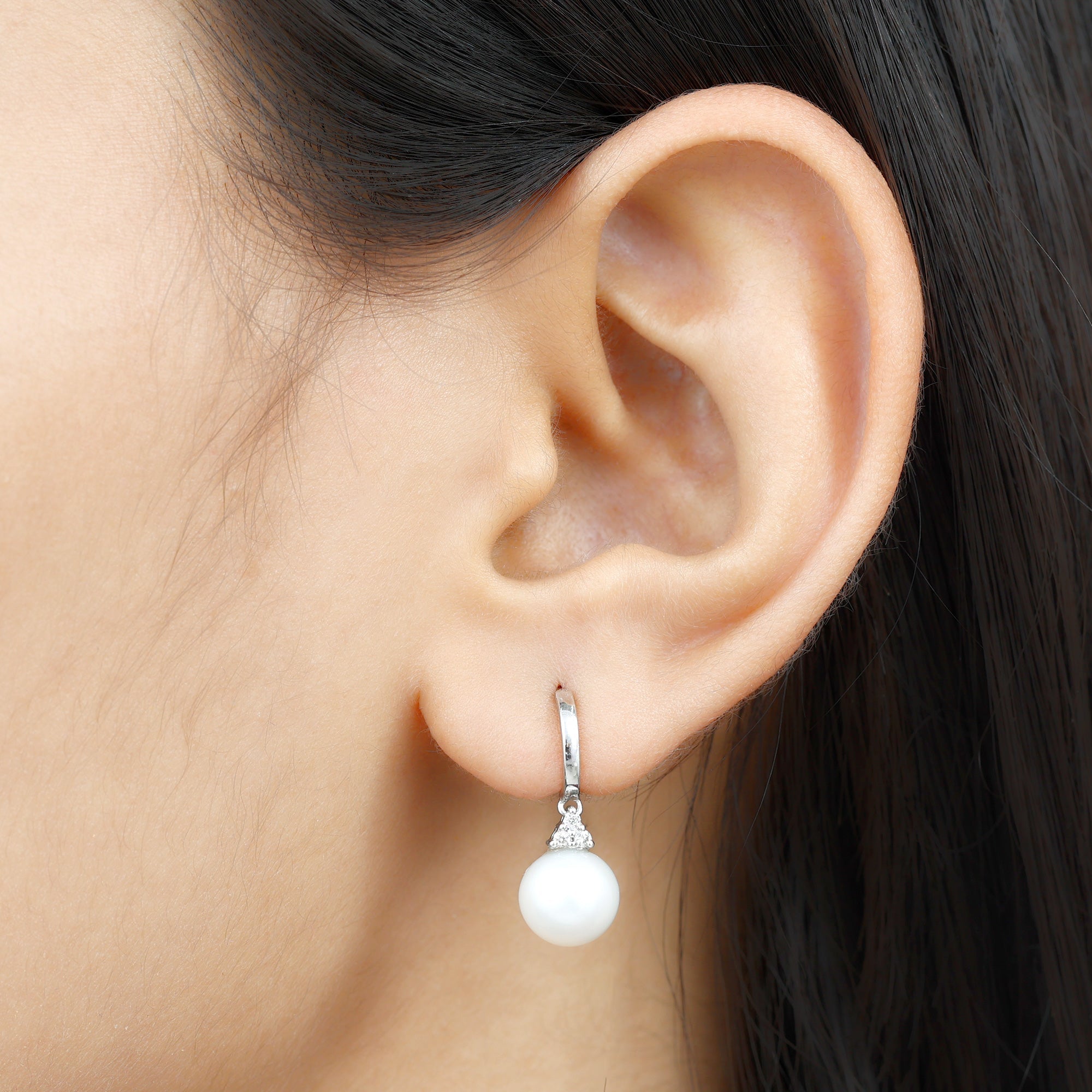 Round Freshwater Pearl and Diamond Hoop Drop Earrings