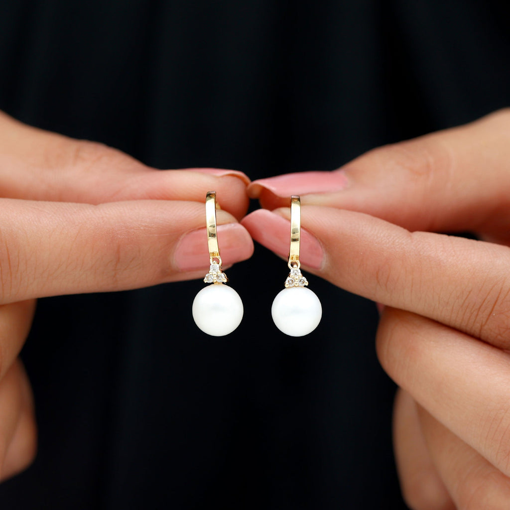 Round Freshwater Pearl and Diamond Hoop Drop Earrings