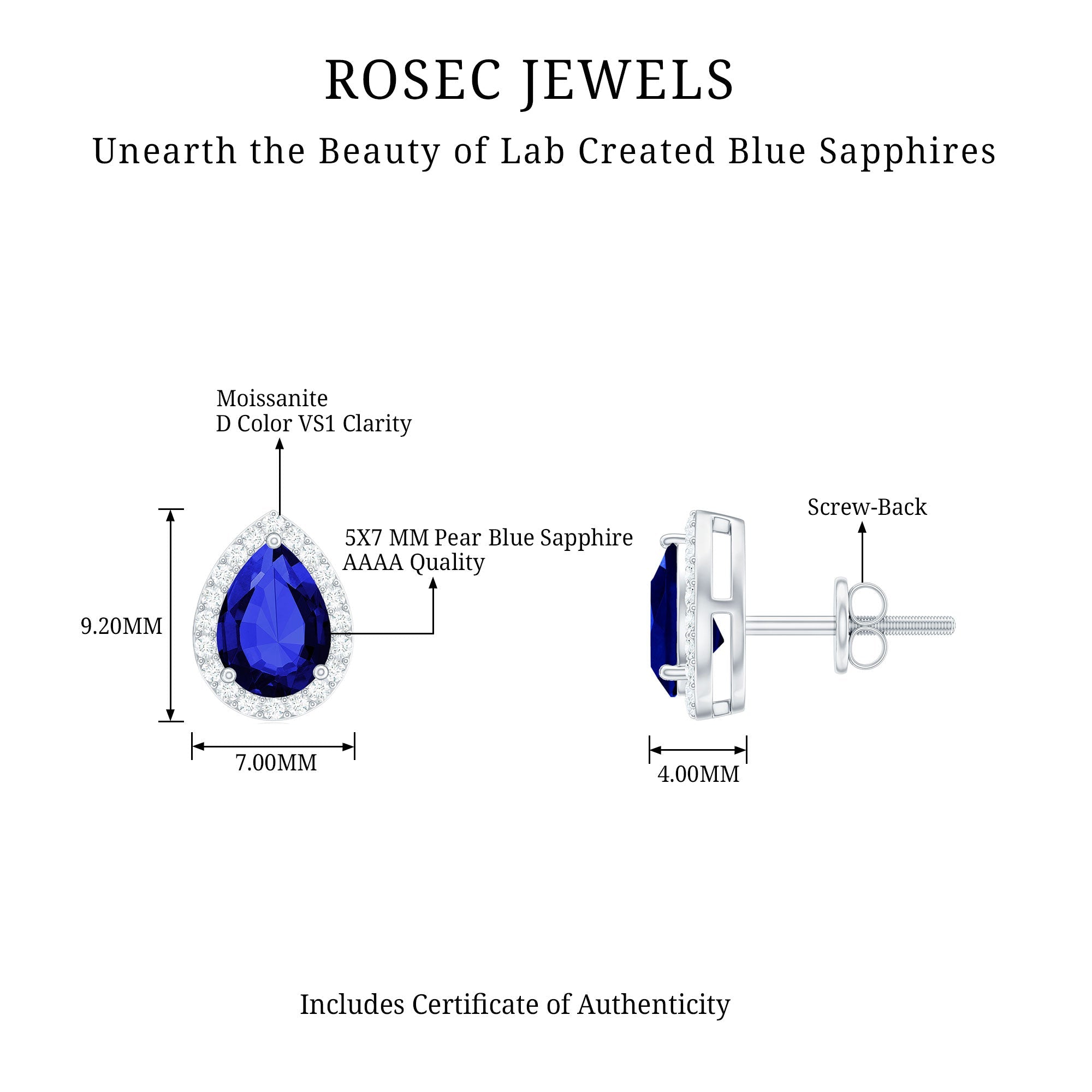 Lab Grown Blue Sapphire Stud Earrings With Moissanite Halo