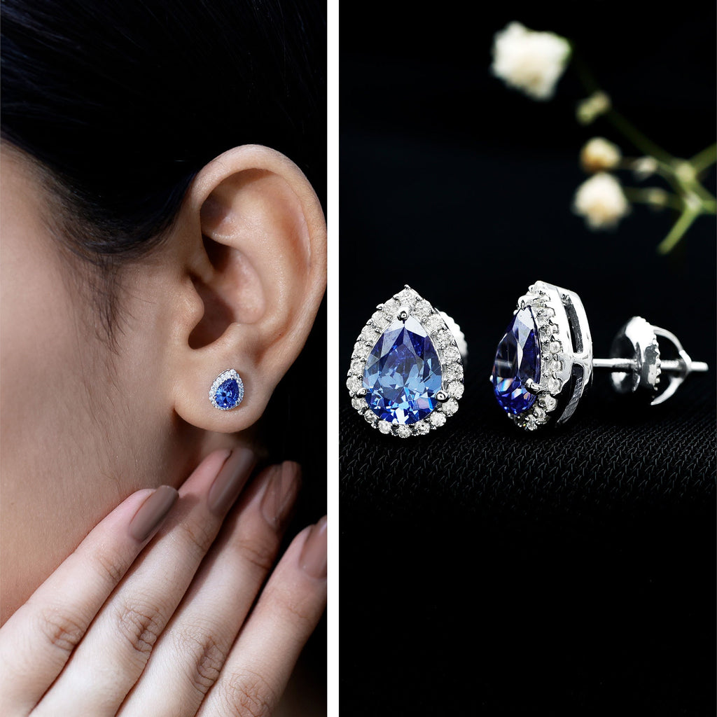 Lab Grown Blue Sapphire Stud Earrings With Moissanite Halo
