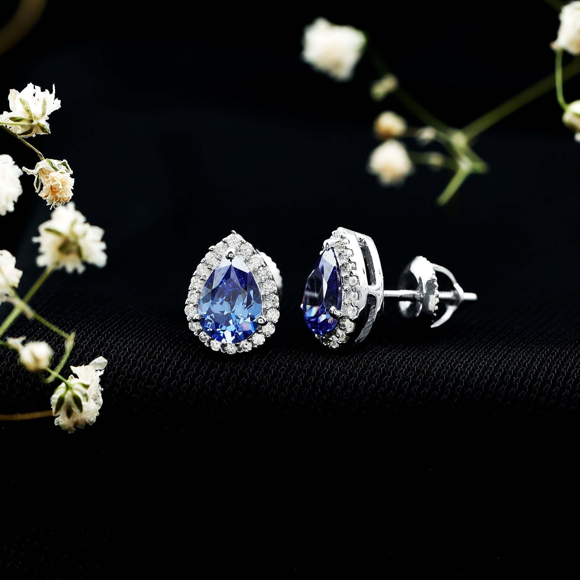 Lab Grown Blue Sapphire Stud Earrings With Moissanite Halo