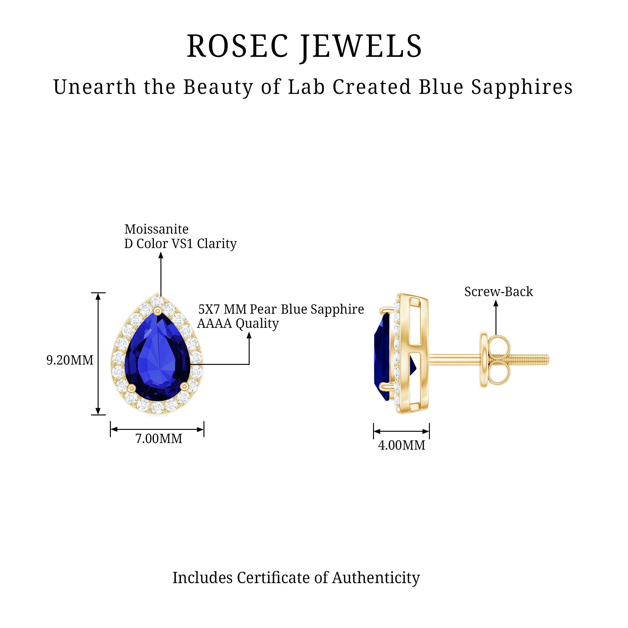 Lab Grown Blue Sapphire Stud Earrings With Moissanite Halo
