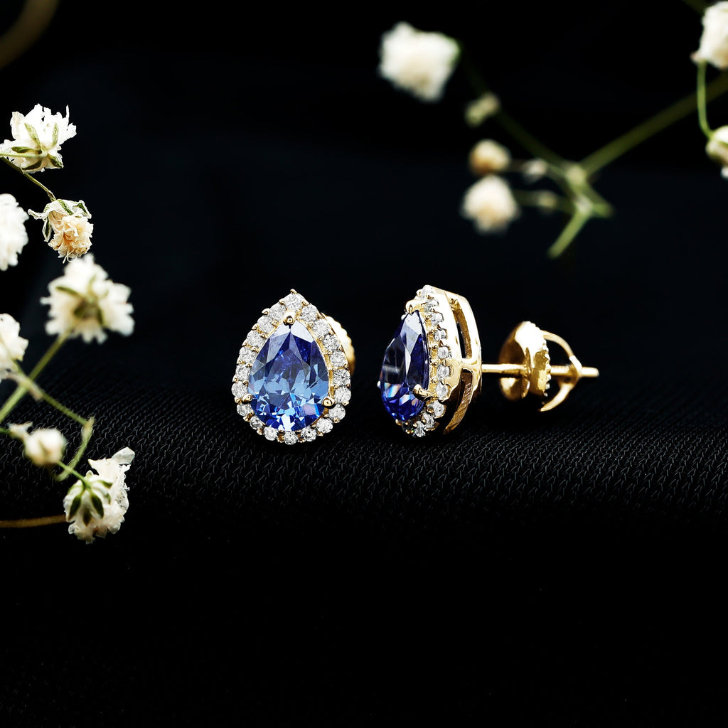 Lab Grown Blue Sapphire Stud Earrings With Moissanite Halo