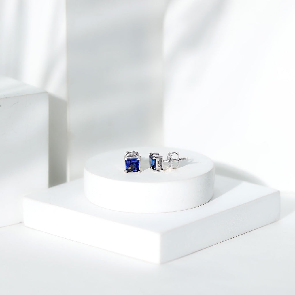 1.5 CT Princess Cut Lab Created Blue Sapphire Solitaire Stud Earrings