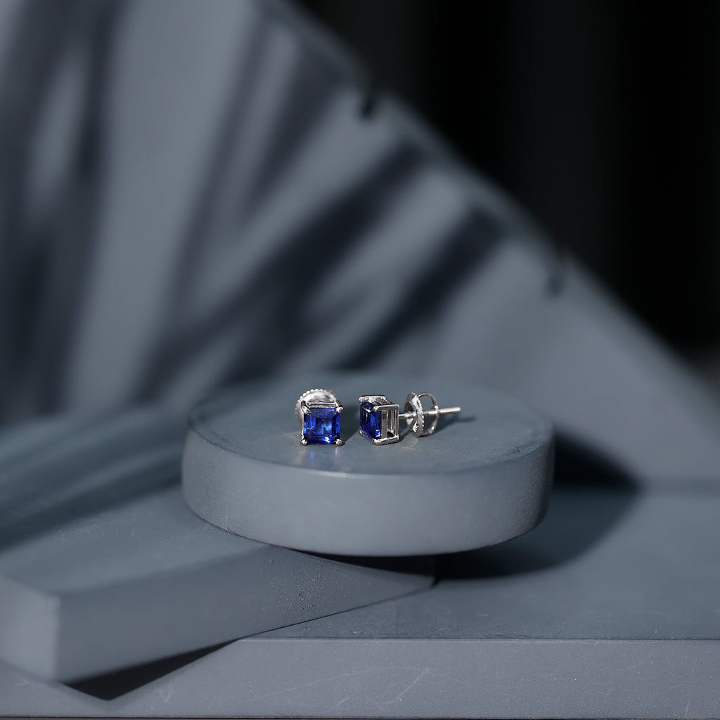 1.5 CT Princess Cut Lab Created Blue Sapphire Solitaire Stud Earrings