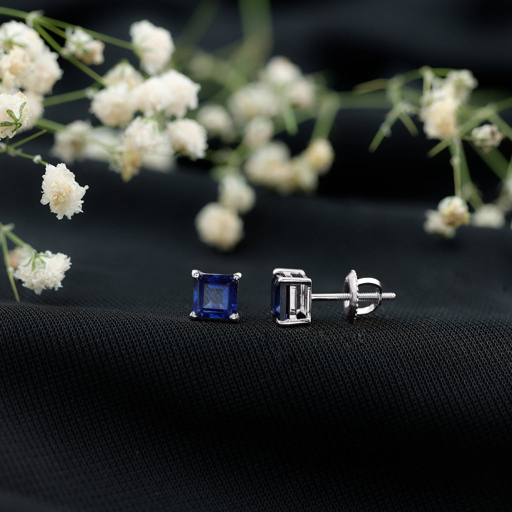 1.5 CT Princess Cut Lab Created Blue Sapphire Solitaire Stud Earrings