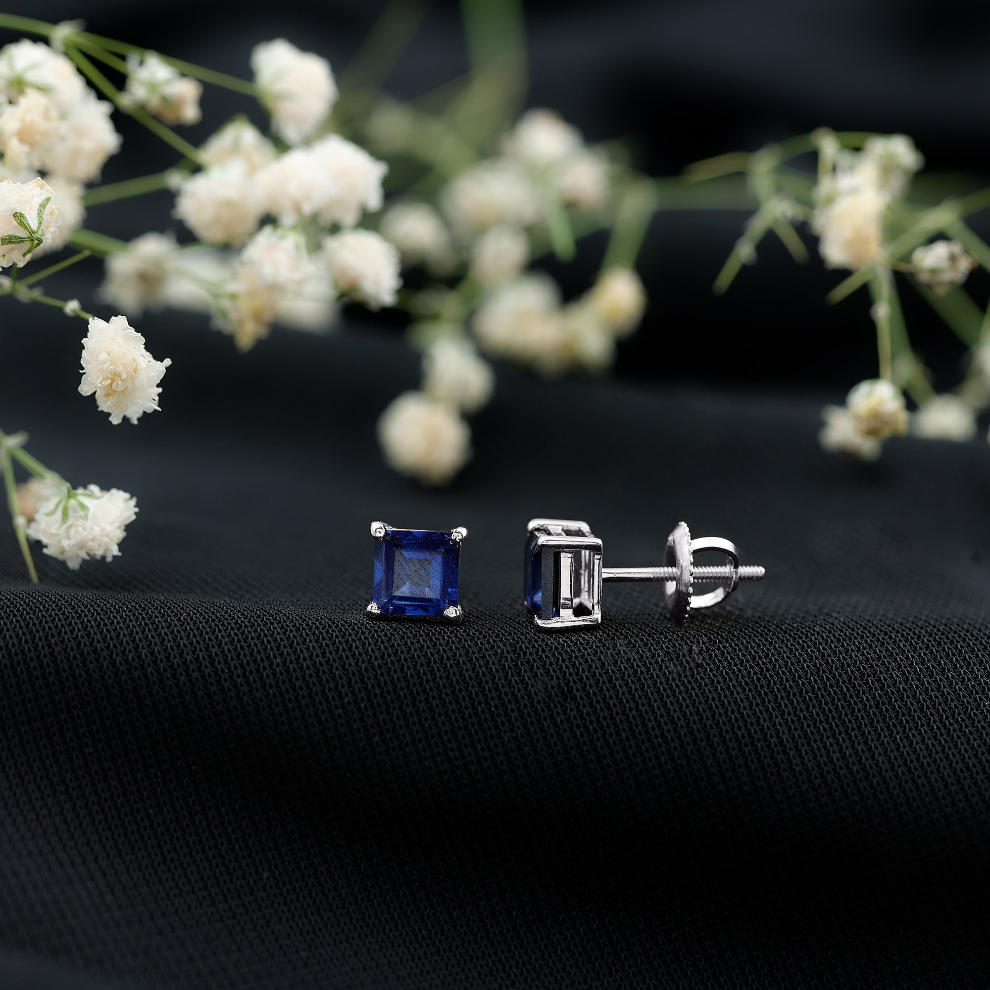 1.5 CT Princess Cut Lab Created Blue Sapphire Solitaire Stud Earrings