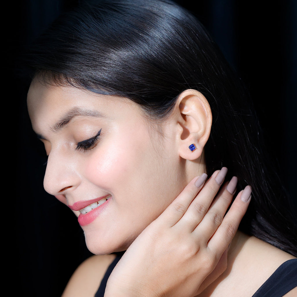 1.5 CT Princess Cut Lab Created Blue Sapphire Solitaire Stud Earrings