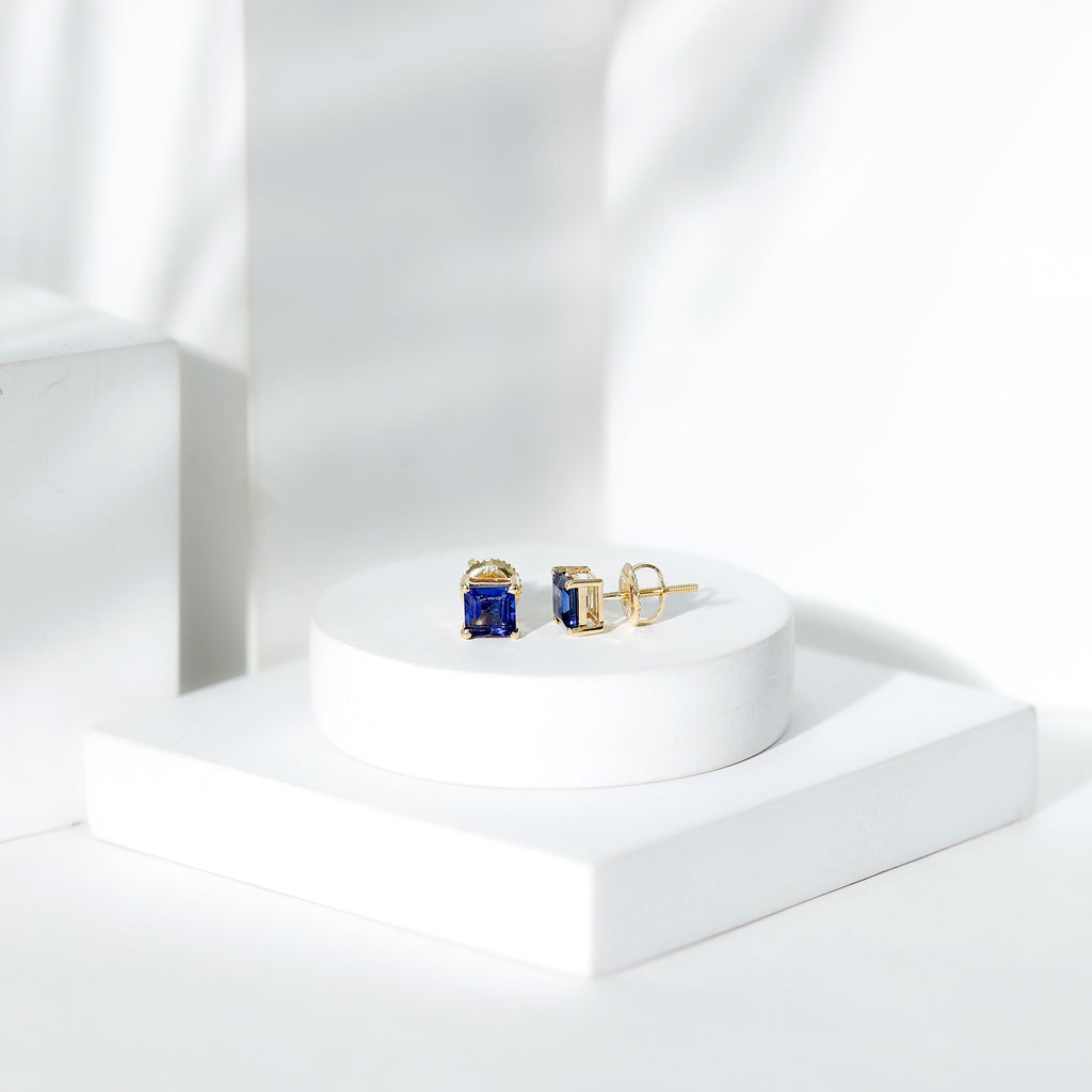 1.5 CT Princess Cut Lab Created Blue Sapphire Solitaire Stud Earrings