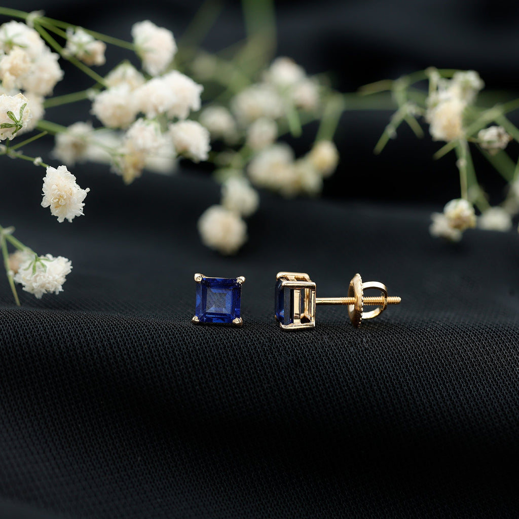 1.5 CT Princess Cut Lab Created Blue Sapphire Solitaire Stud Earrings
