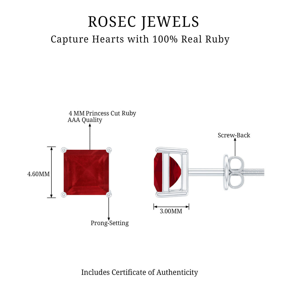 1 CT Princess Cut Ruby Solitaire Stud Earrings