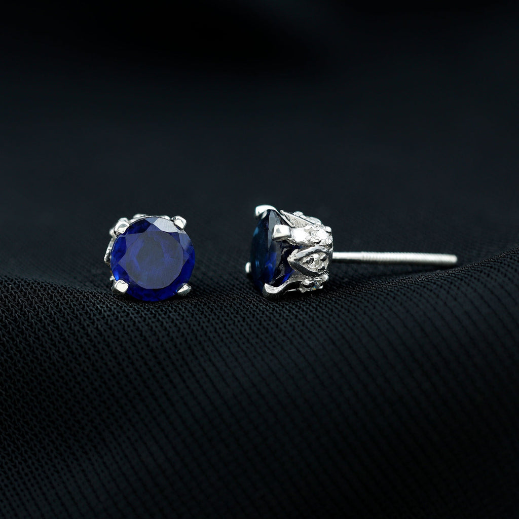 Lab Grown Blue Sapphire Vintage Stud Earrings with Certificate