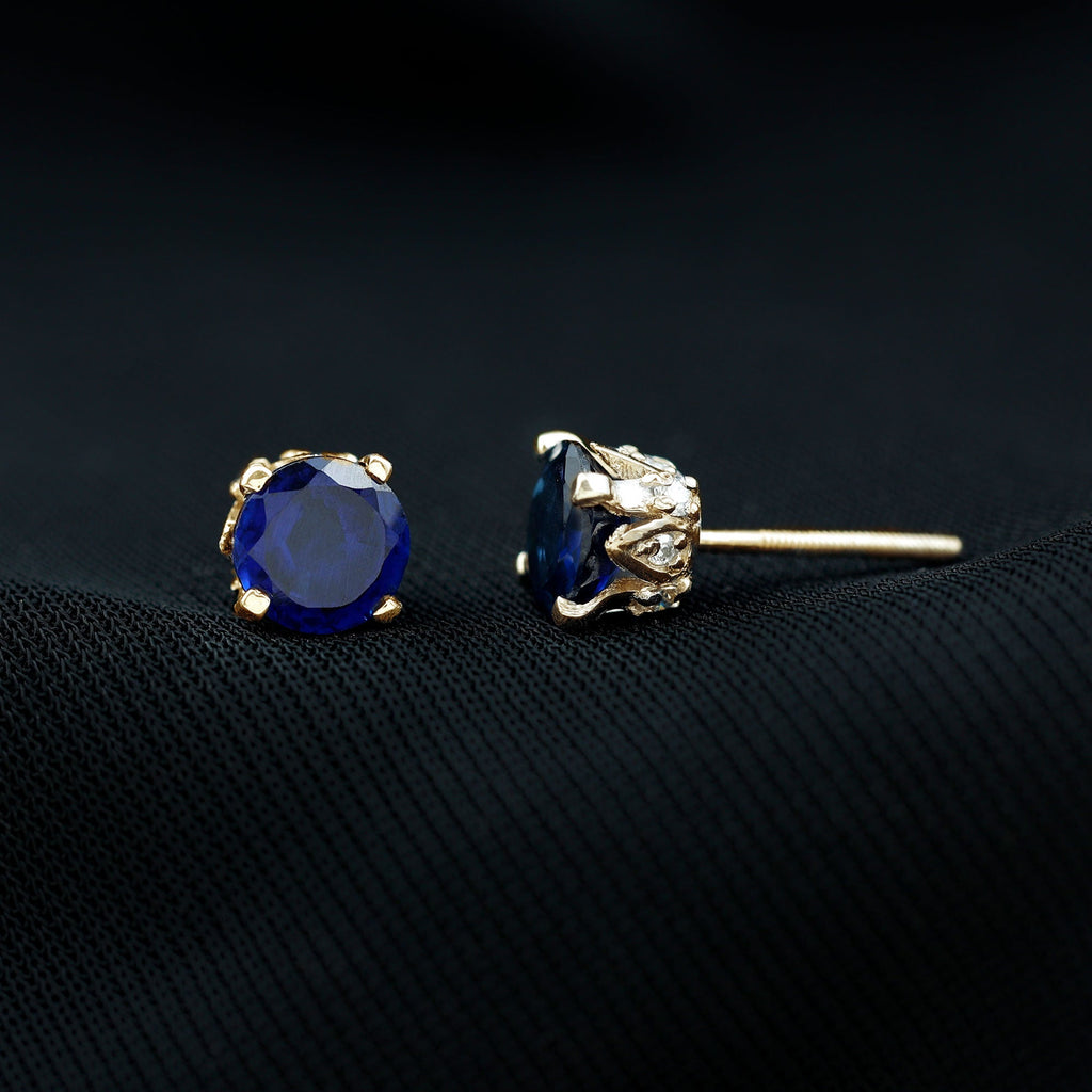 Lab Grown Blue Sapphire Vintage Stud Earrings with Certificate
