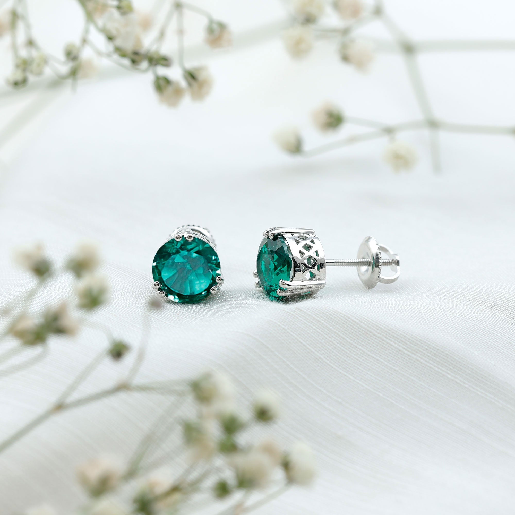 8 MM Created Emerald Solitaire Stud Earrings in Double Claw Setting