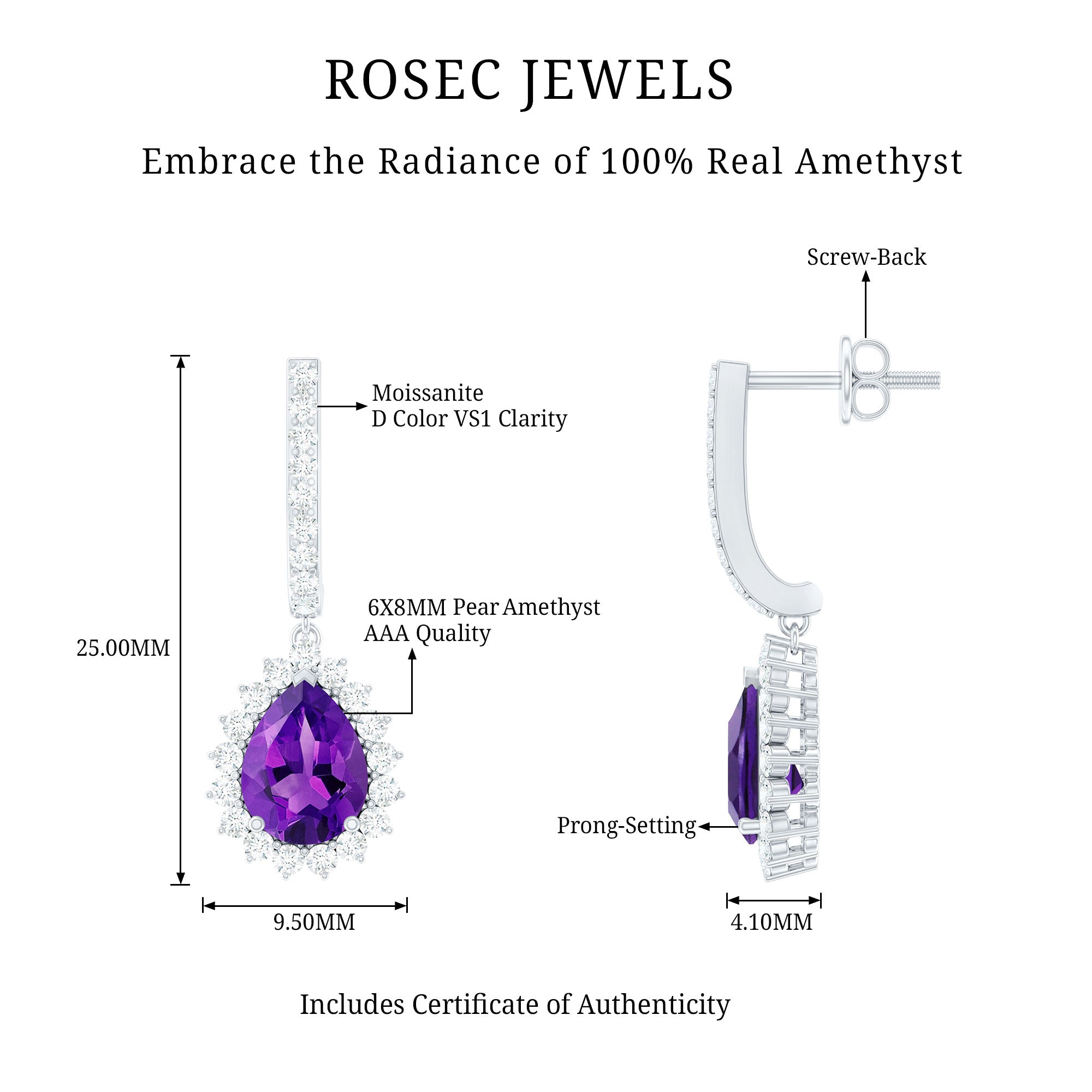 Natural Amethyst Bridal Earrings with Moissanite Halo