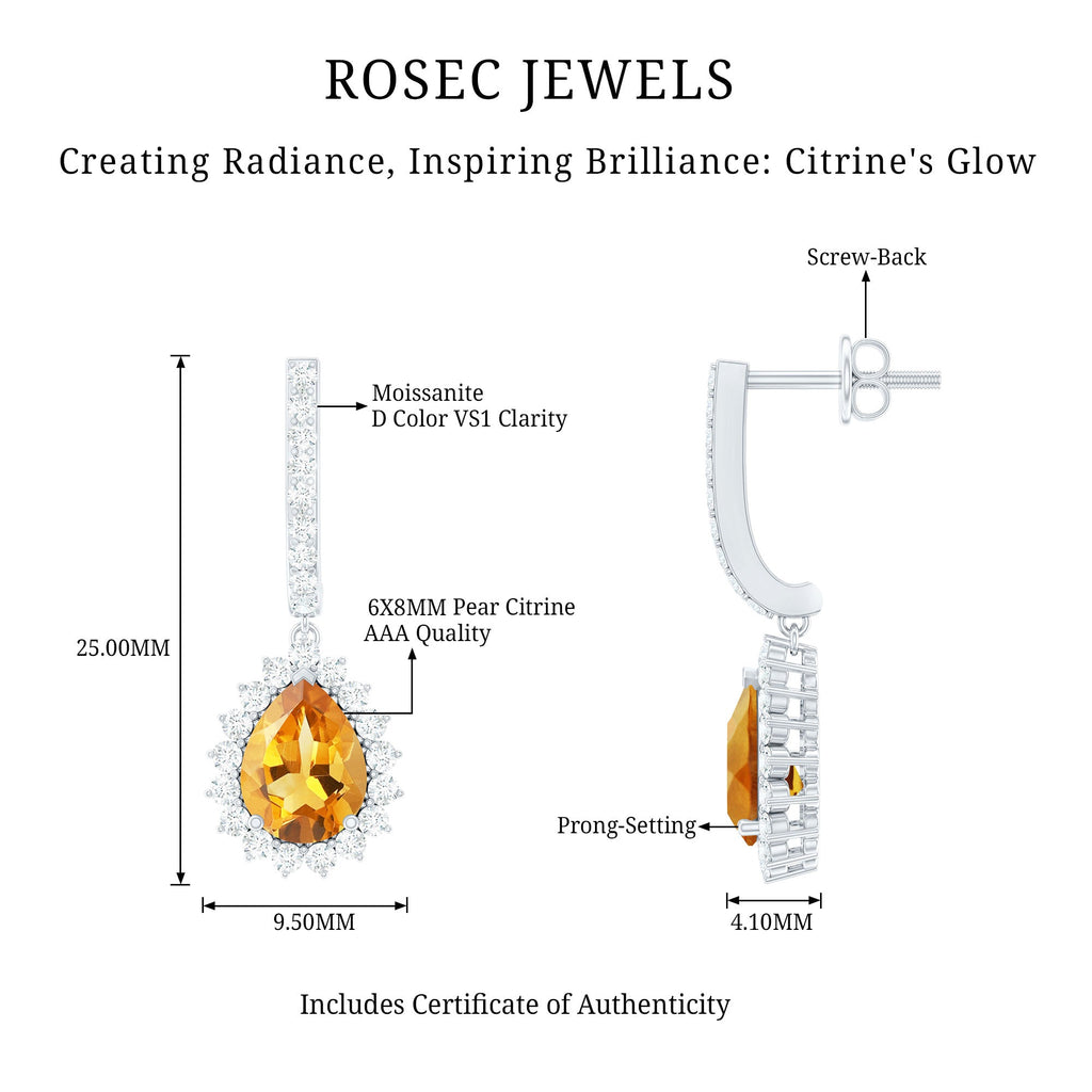 Genuine 6X8mm Pear Shape Citrine Drop Earrings with Moissanite