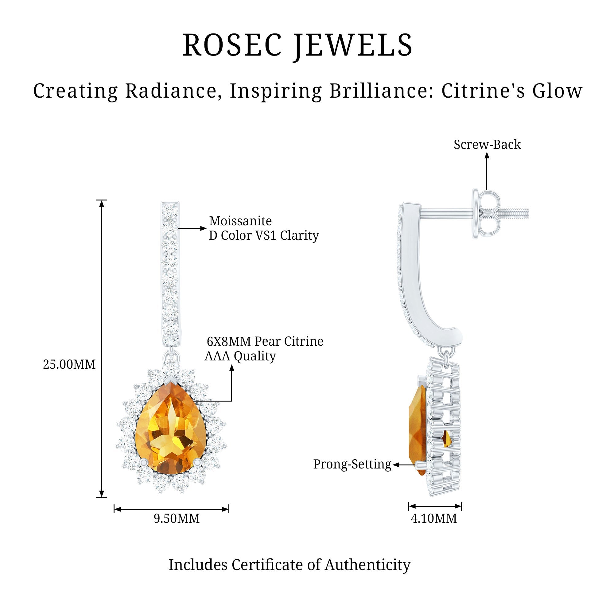 Genuine 6X8mm Pear Shape Citrine Drop Earrings with Moissanite