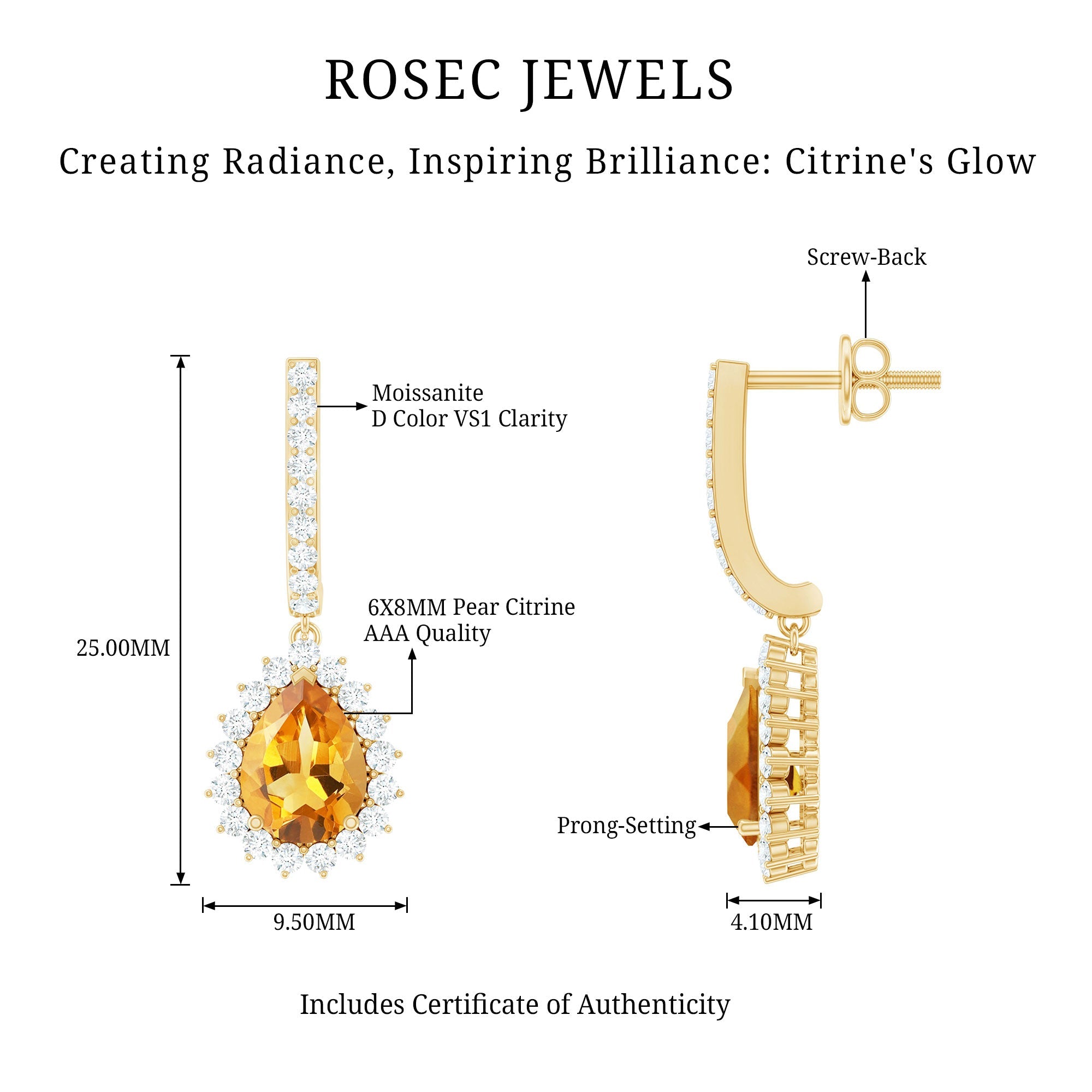 Genuine 6X8mm Pear Shape Citrine Drop Earrings with Moissanite