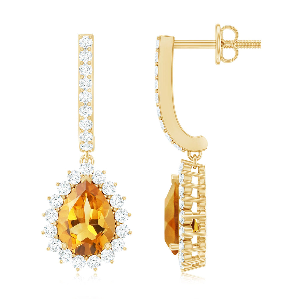Genuine 6X8mm Pear Shape Citrine Drop Earrings with Moissanite