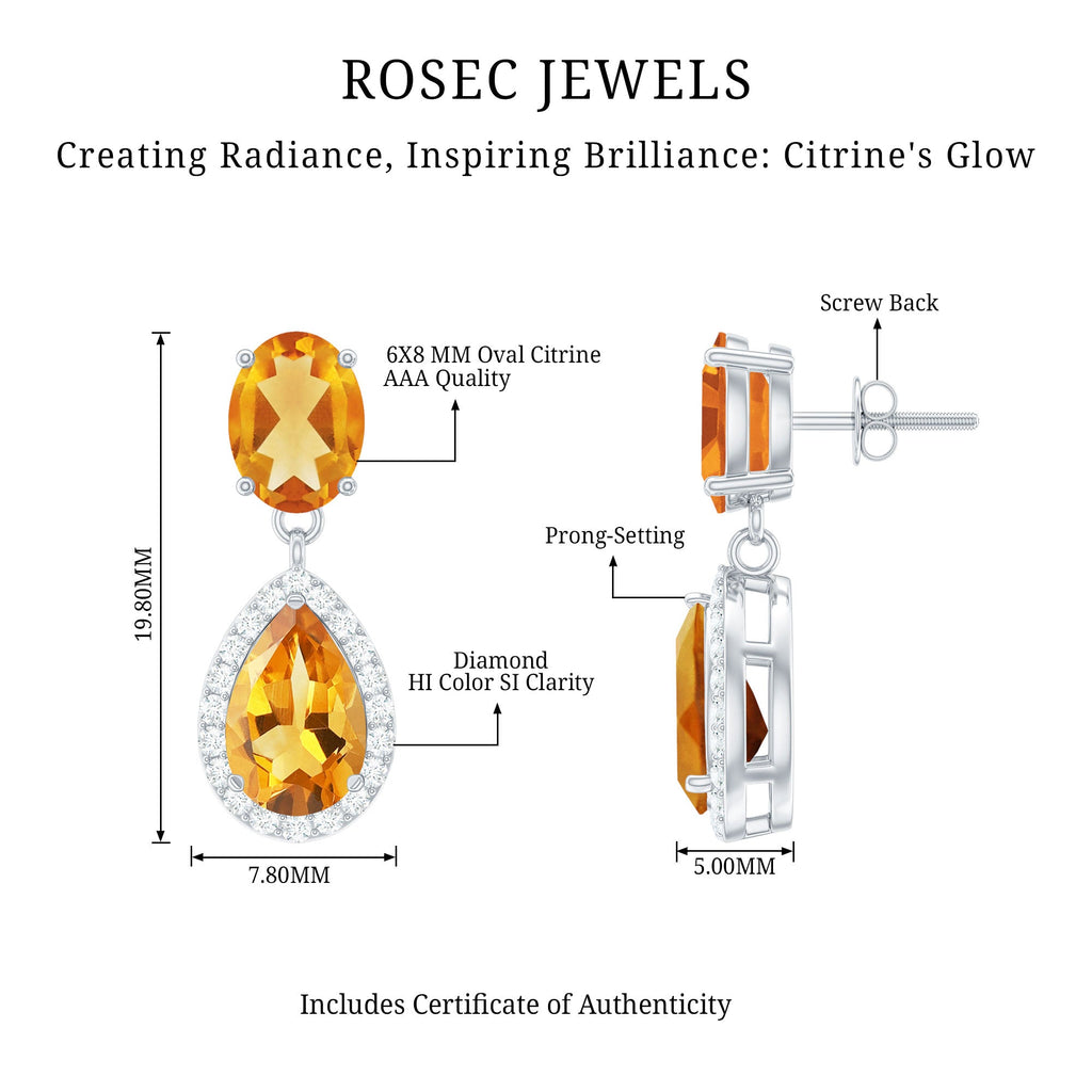 Natural 4.2 Carat Citrine and Diamond Teardrop Earrings