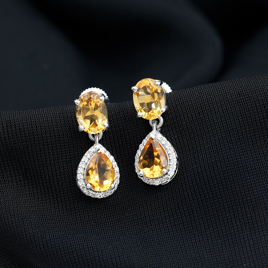 Natural 4.2 Carat Citrine and Diamond Teardrop Earrings