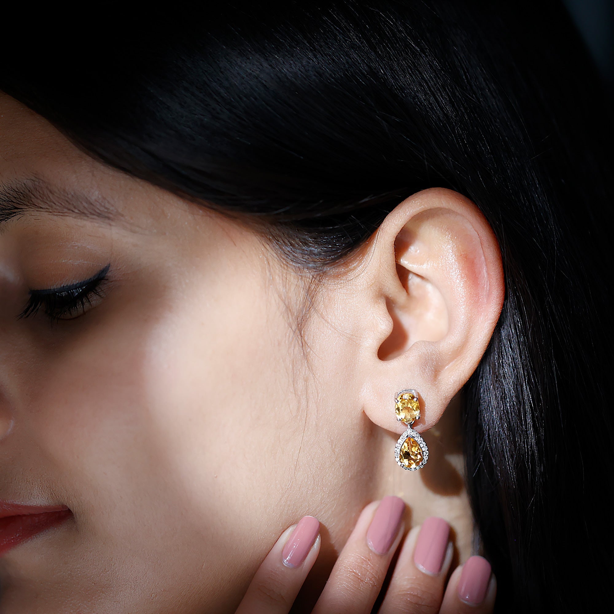 Natural 4.2 Carat Citrine and Diamond Teardrop Earrings