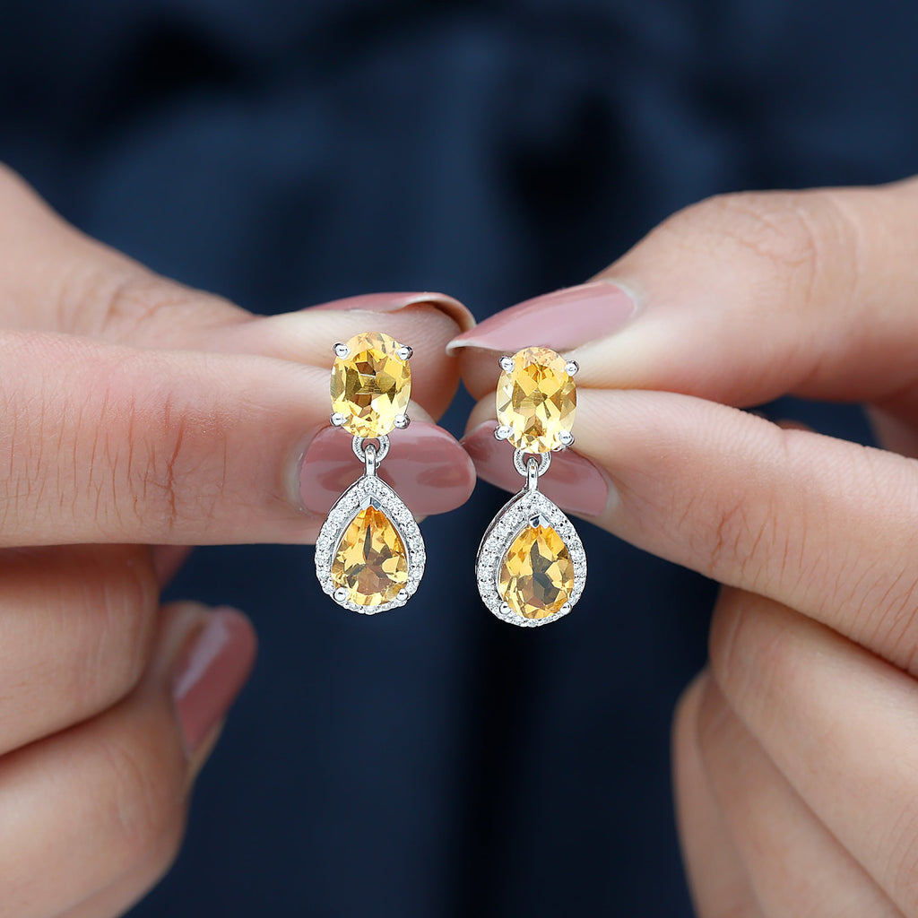 Natural 4.2 Carat Citrine and Diamond Teardrop Earrings