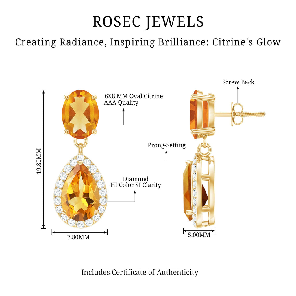 Natural 4.2 Carat Citrine and Diamond Teardrop Earrings
