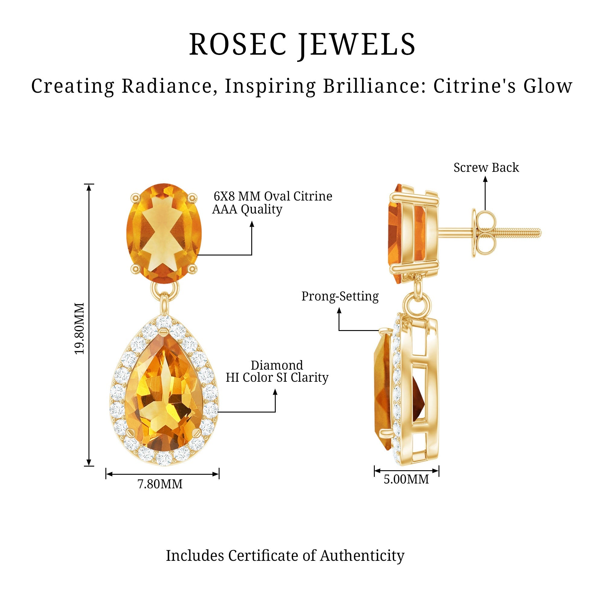 Natural 4.2 Carat Citrine and Diamond Teardrop Earrings