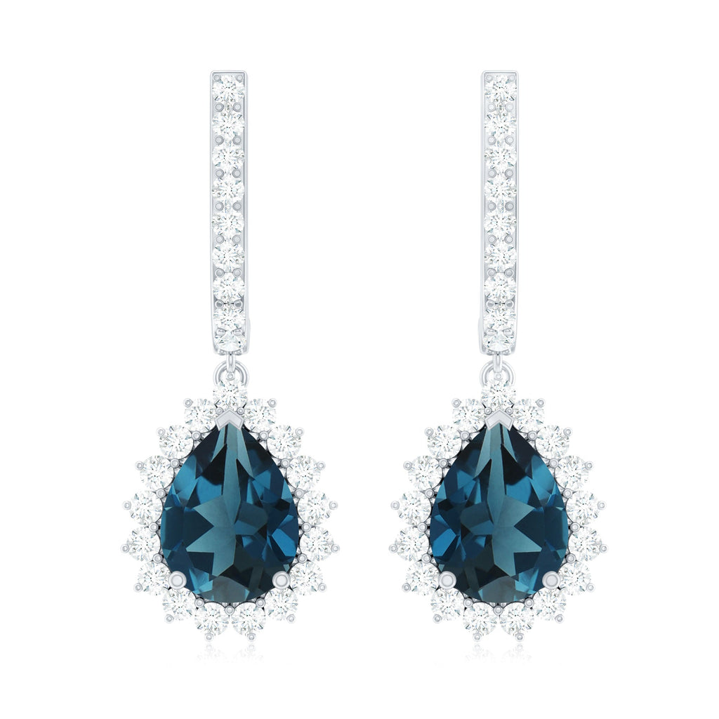 London Blue Topaz Teardrop Hoop Earrings with Diamond Halo
