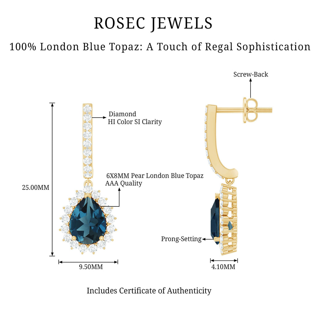 London Blue Topaz Teardrop Hoop Earrings with Diamond Halo