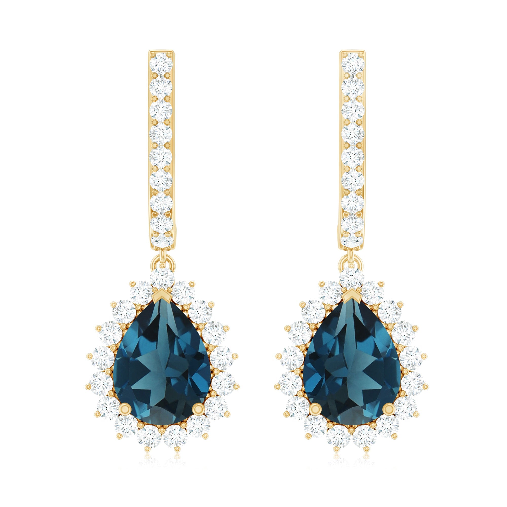 London Blue Topaz Teardrop Hoop Earrings with Diamond Halo