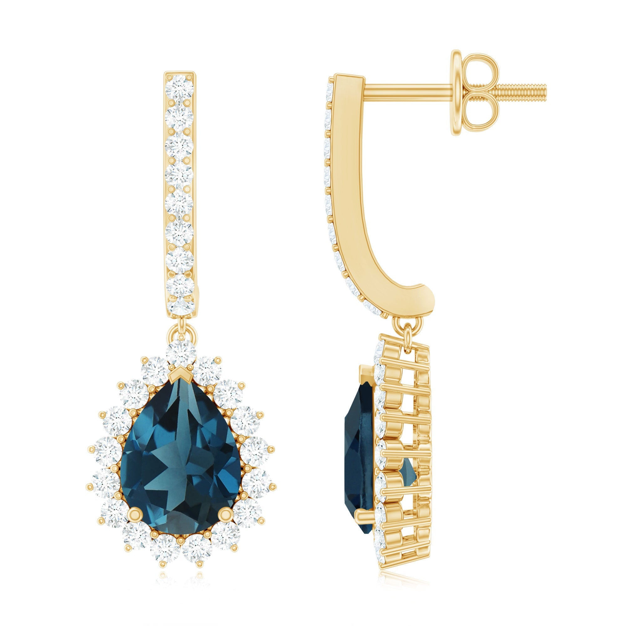 London Blue Topaz Teardrop Hoop Earrings with Diamond Halo