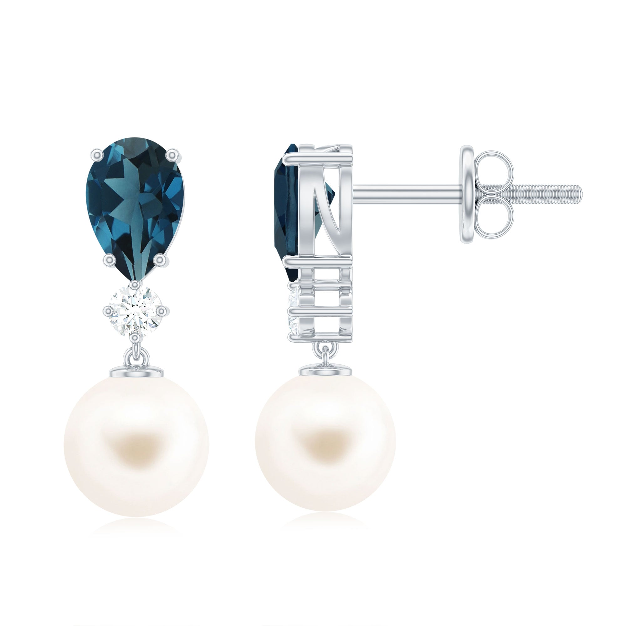 Genuine Freshwater Pearl Drop Earring With London Blue Topaz