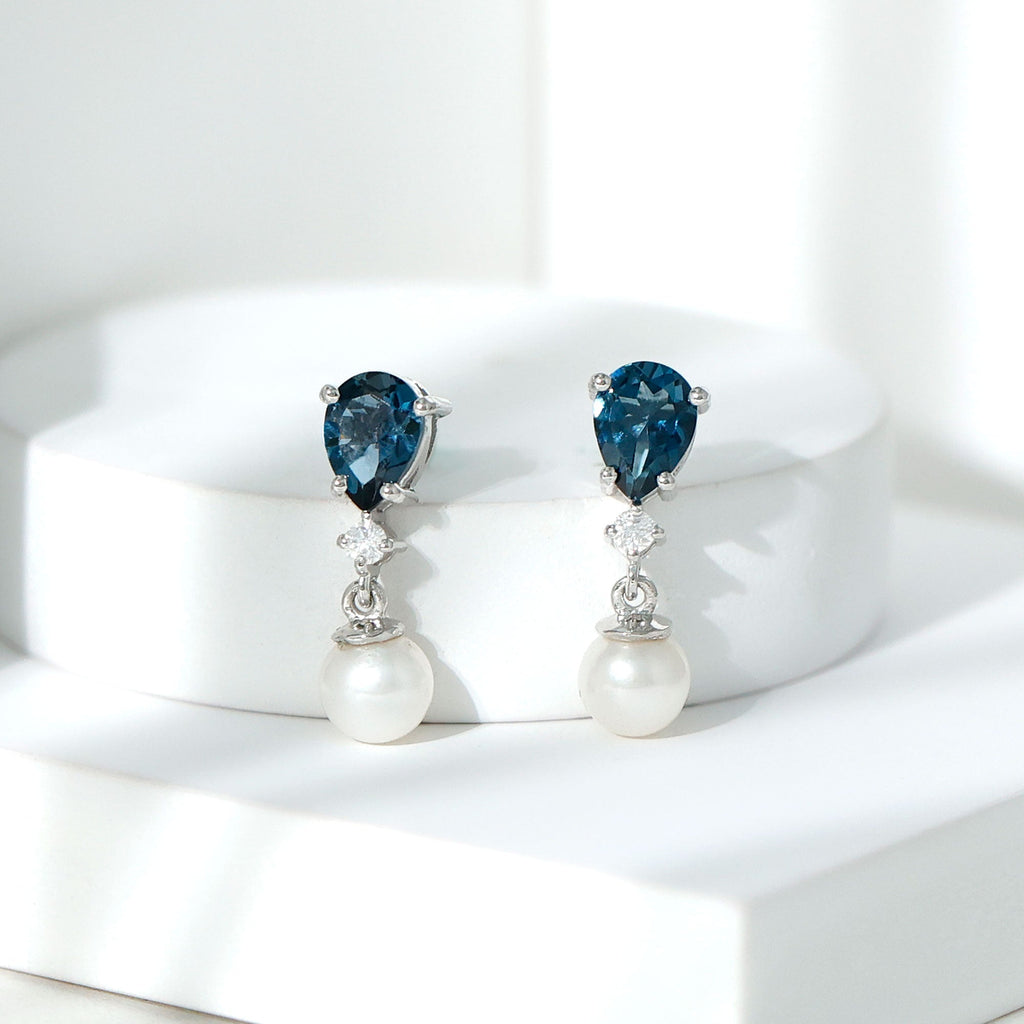 Genuine Freshwater Pearl Drop Earring With London Blue Topaz