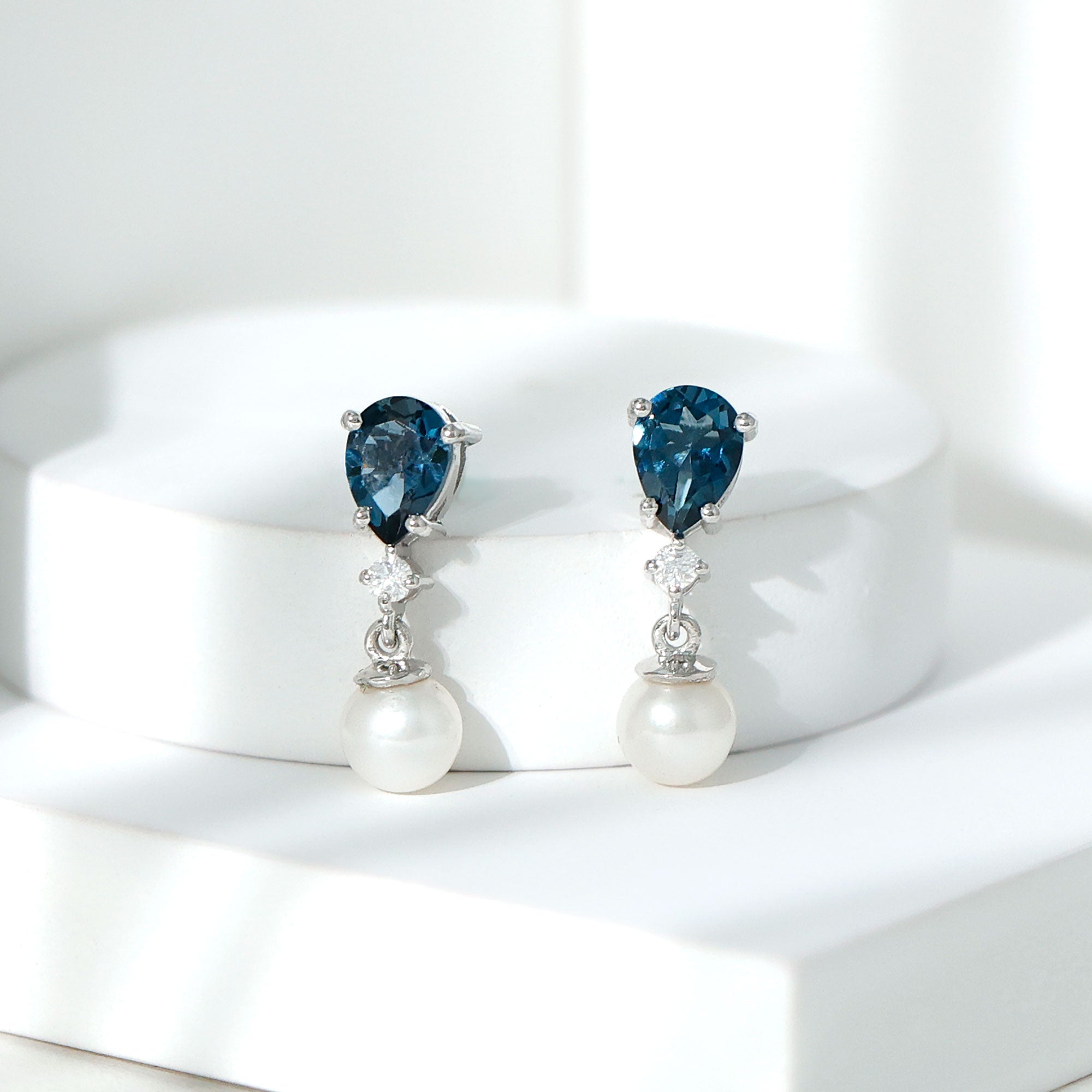 Genuine Freshwater Pearl Drop Earring With London Blue Topaz