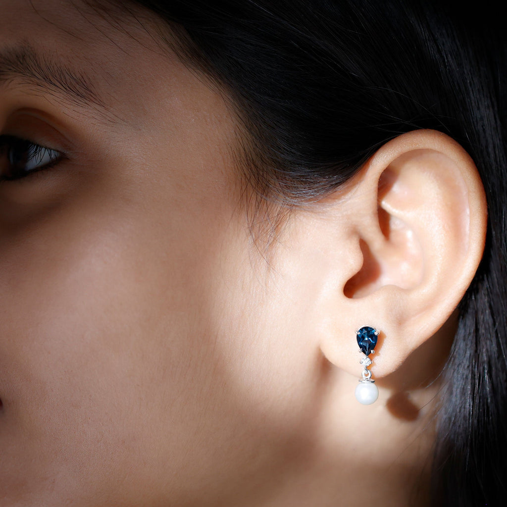 Genuine Freshwater Pearl Drop Earring With London Blue Topaz