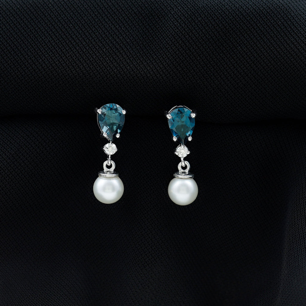 Genuine Freshwater Pearl Drop Earring With London Blue Topaz