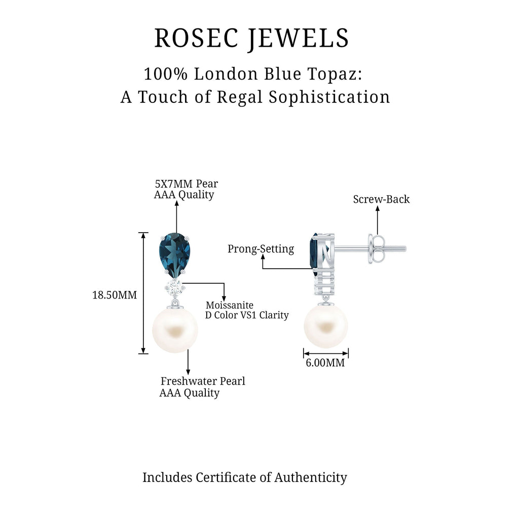 Genuine Freshwater Pearl Drop Earring With London Blue Topaz