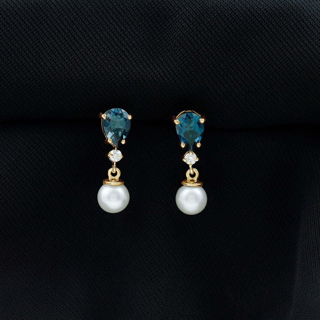 Genuine Freshwater Pearl Drop Earring With London Blue Topaz