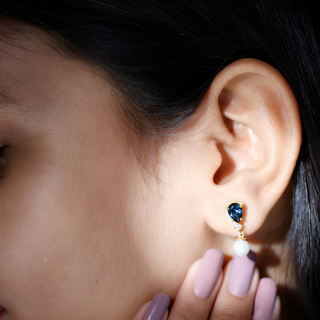 Genuine Freshwater Pearl Drop Earring With London Blue Topaz