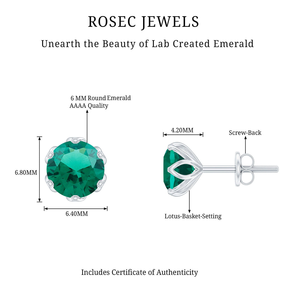 6 MM Round Cut Created Emerald Solitaire Stud Earrings in Lotus Basket Setting